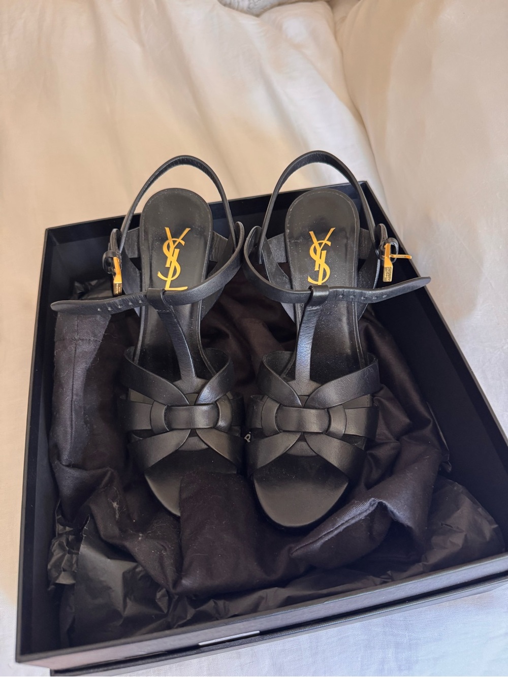 Saint Laurent Black Leather Knotted Slingback Heels with Gold YSL Logo